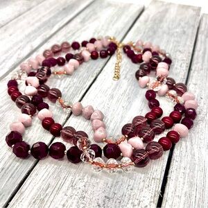 208. Stunning Cranberry and Pink Cut Crystal, and Glass Bead 3-Strand Necklace.